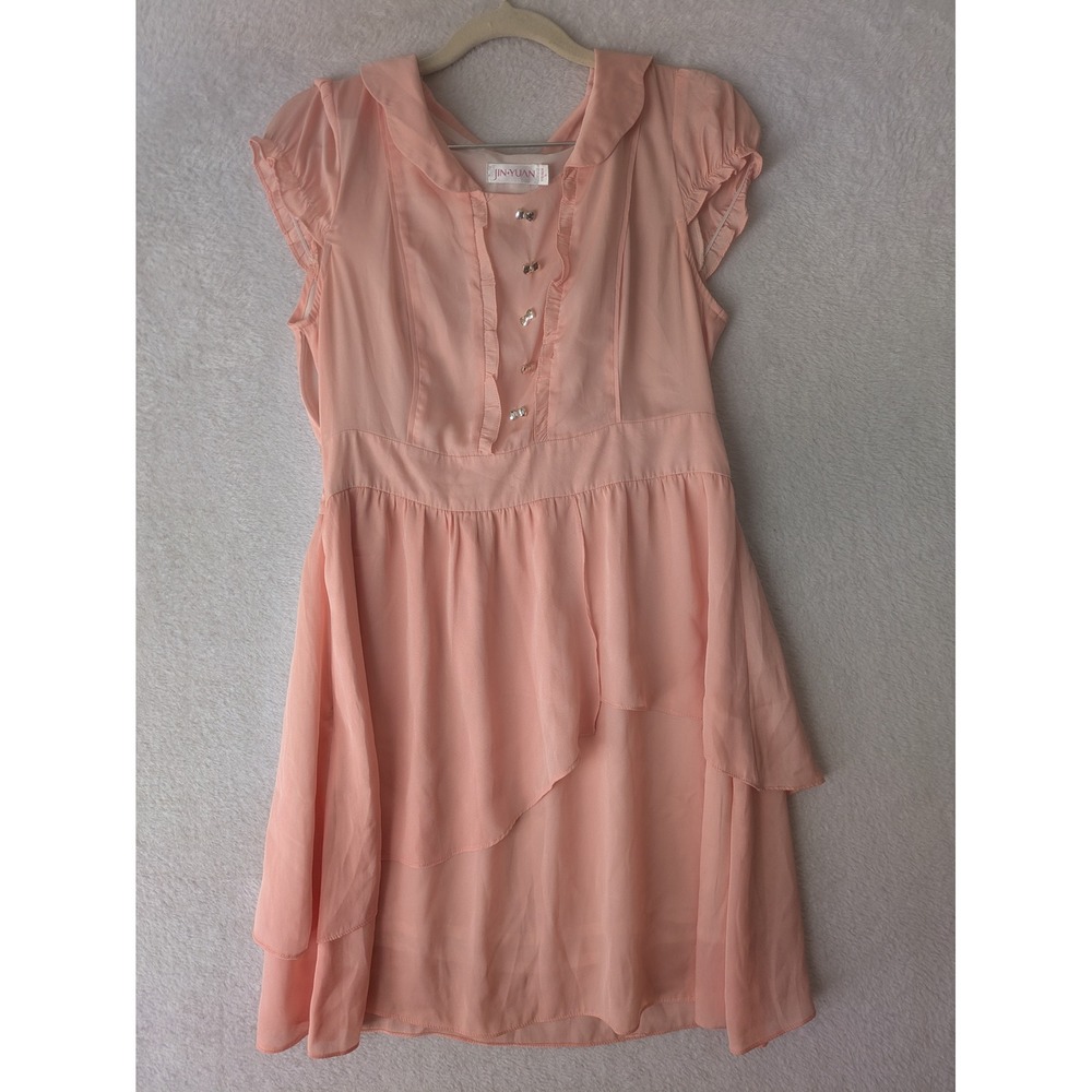JIN YUAN Dress Women's S Peach Bow Buttons Ruffle Peter Pan Collar Cap Sleeve